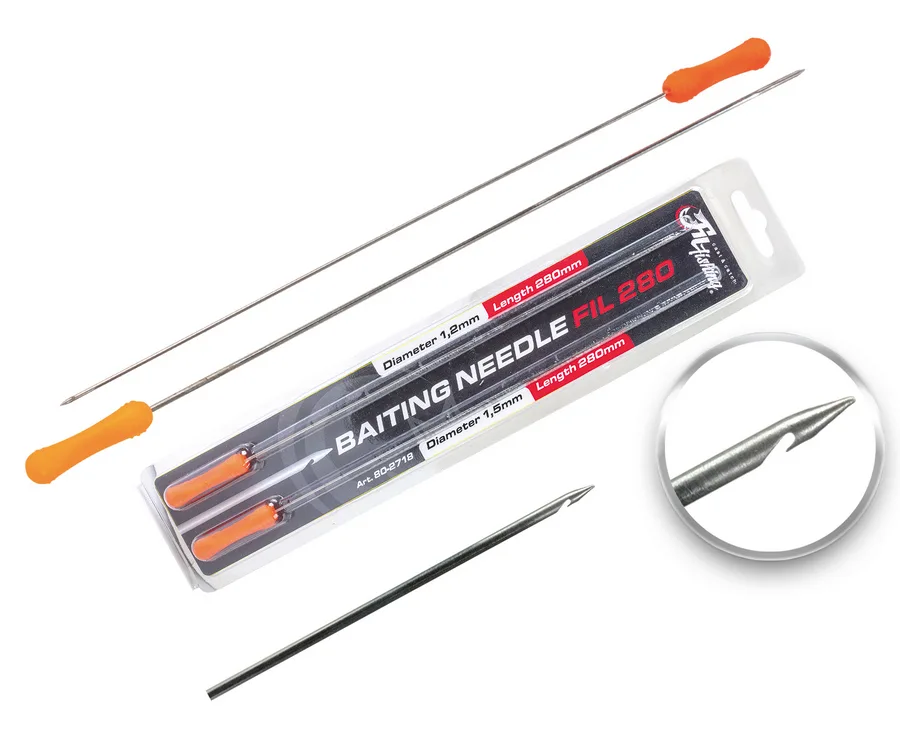 Baiting Needle Filex 280 Baiting Needle Filex je set od dve igle za montazu zivih mamaca - kedera. U kompletu su 2 igle precnika 1,2mm i 1.5mm. Mogu se korisititi i u saranskom ribolovu